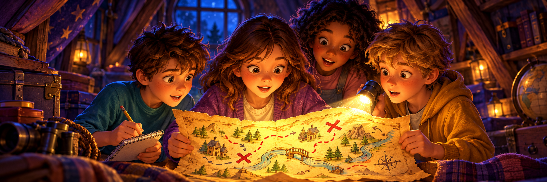 Four young detectives study a map together, taking notes and lighting the clues with a flashlight.